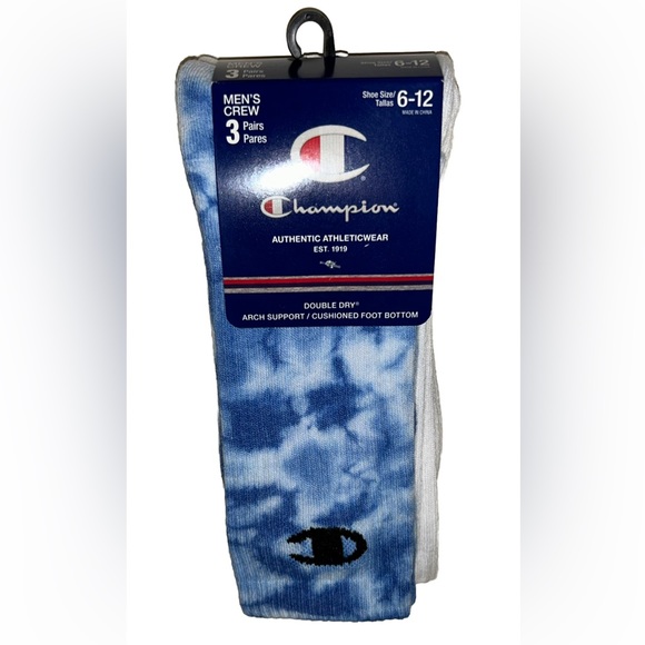 Champion Crew Sock 3 Pair Men’s 6-12 Blue White Tie Dye w Logos Cushioned NEW$17 - Picture 1 of 12
